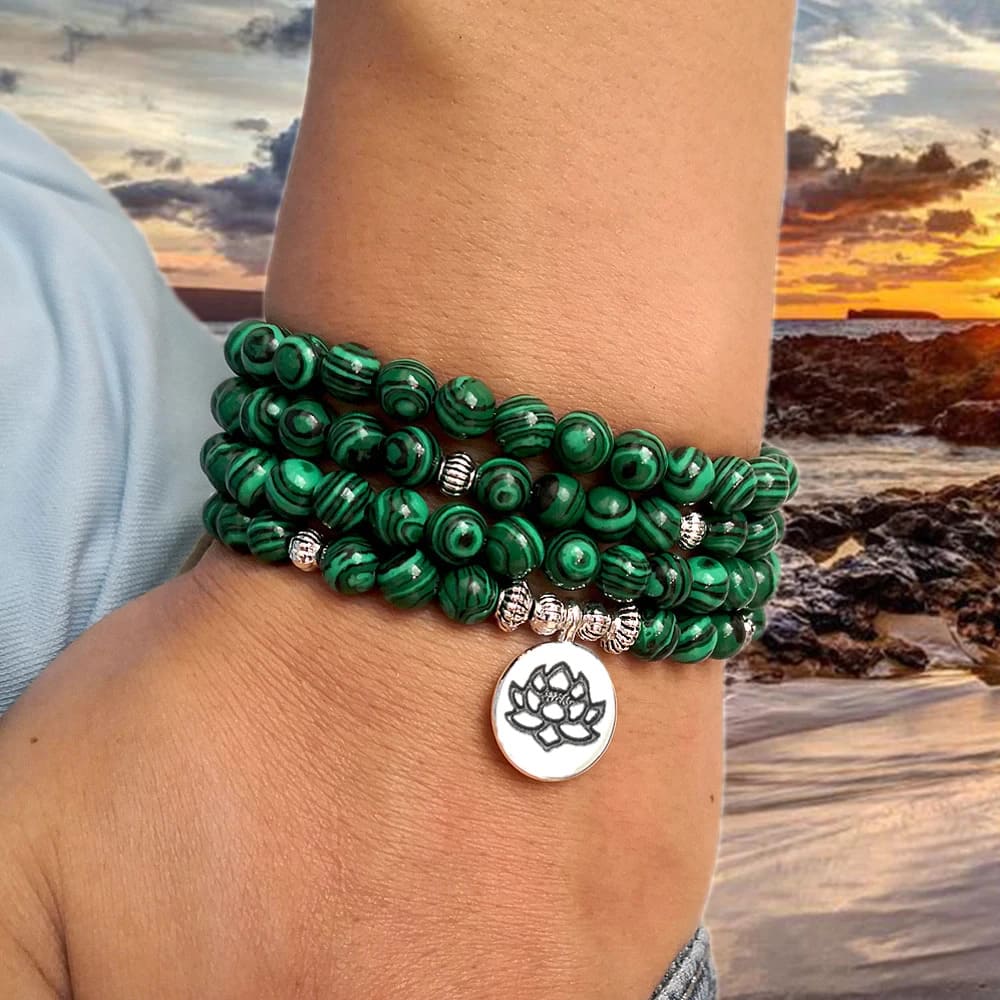 bracelet mala malachite lotus tibetain